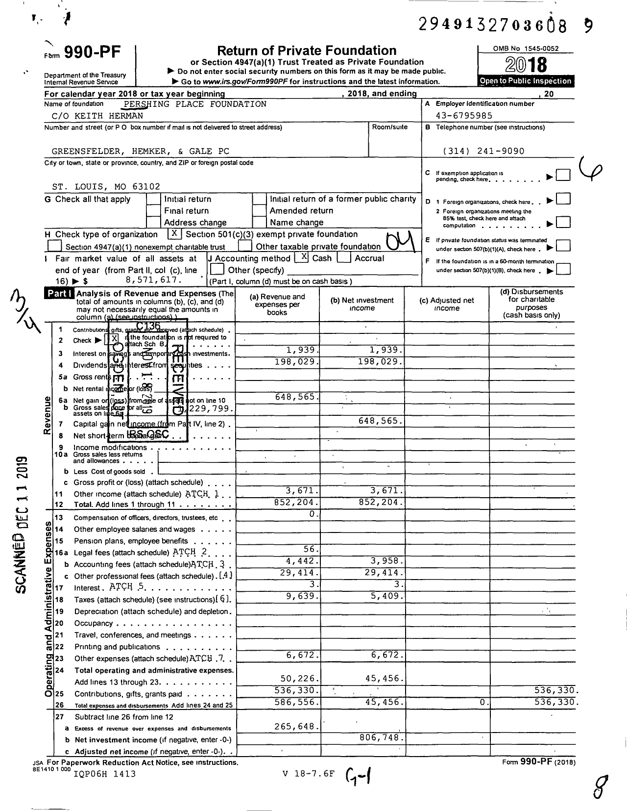 Image of first page of 2018 Form 990PF for Pershing Place Foundation
