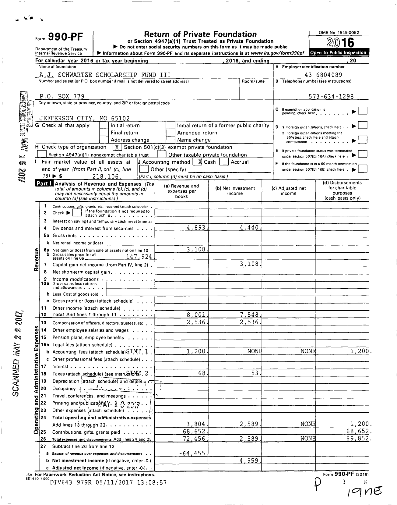 Image of first page of 2016 Form 990PF for Aj Schwartze Scholarship Fund Iii