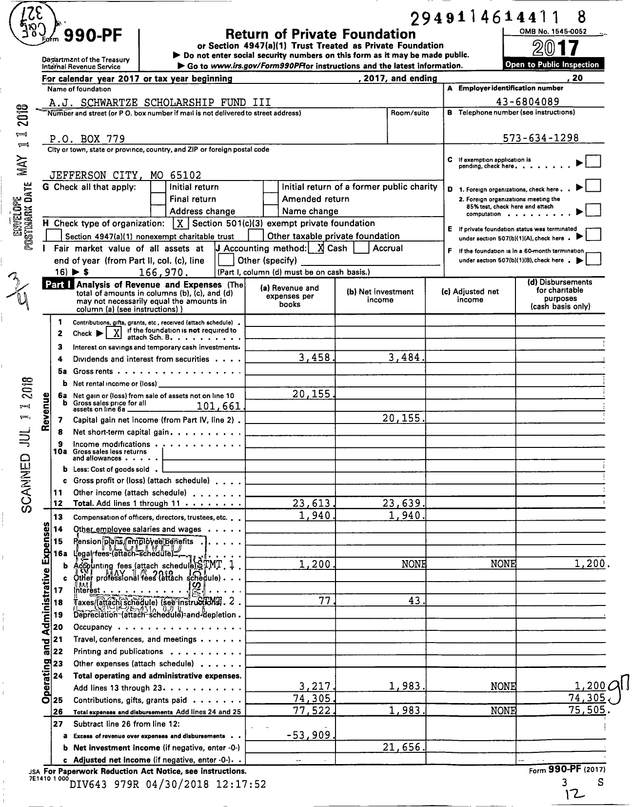 Image of first page of 2017 Form 990PF for Aj Schwartze Scholarship Fund Iii