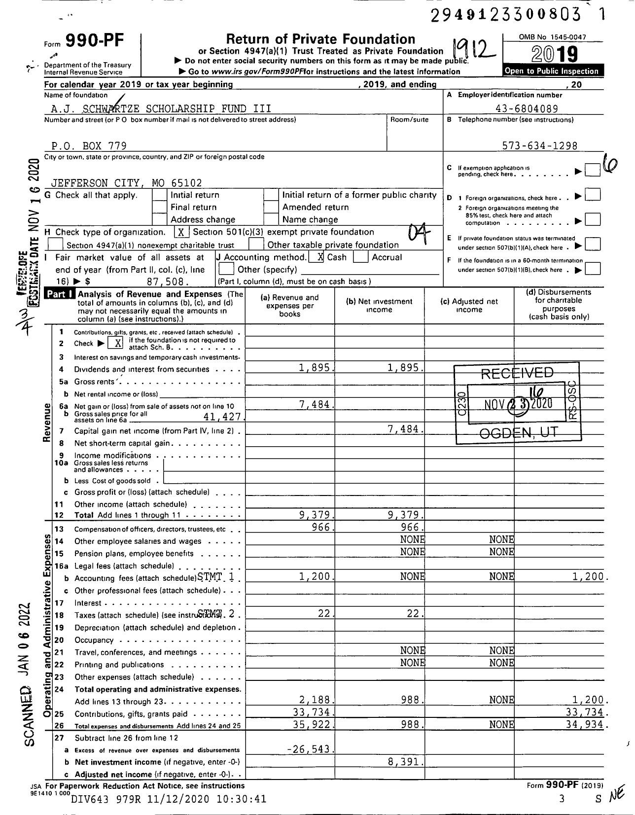 Image of first page of 2019 Form 990PF for Aj Schwartze Scholarship Fund Iii