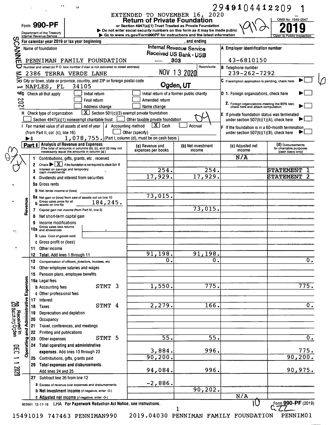 Image of first page of 2019 Form 990PF for Penniman Family Foundation