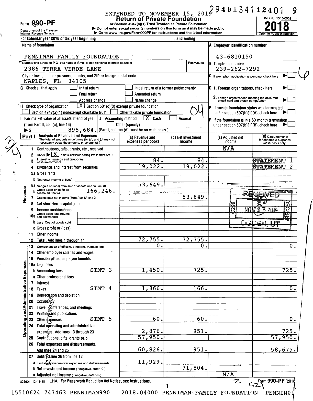 Image of first page of 2018 Form 990PF for Penniman Family Foundation