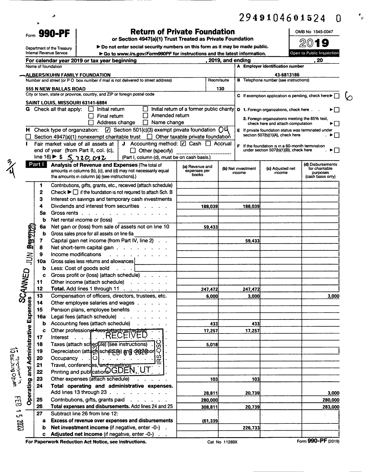 Image of first page of 2019 Form 990PR for Alberskuhn Family Foundation