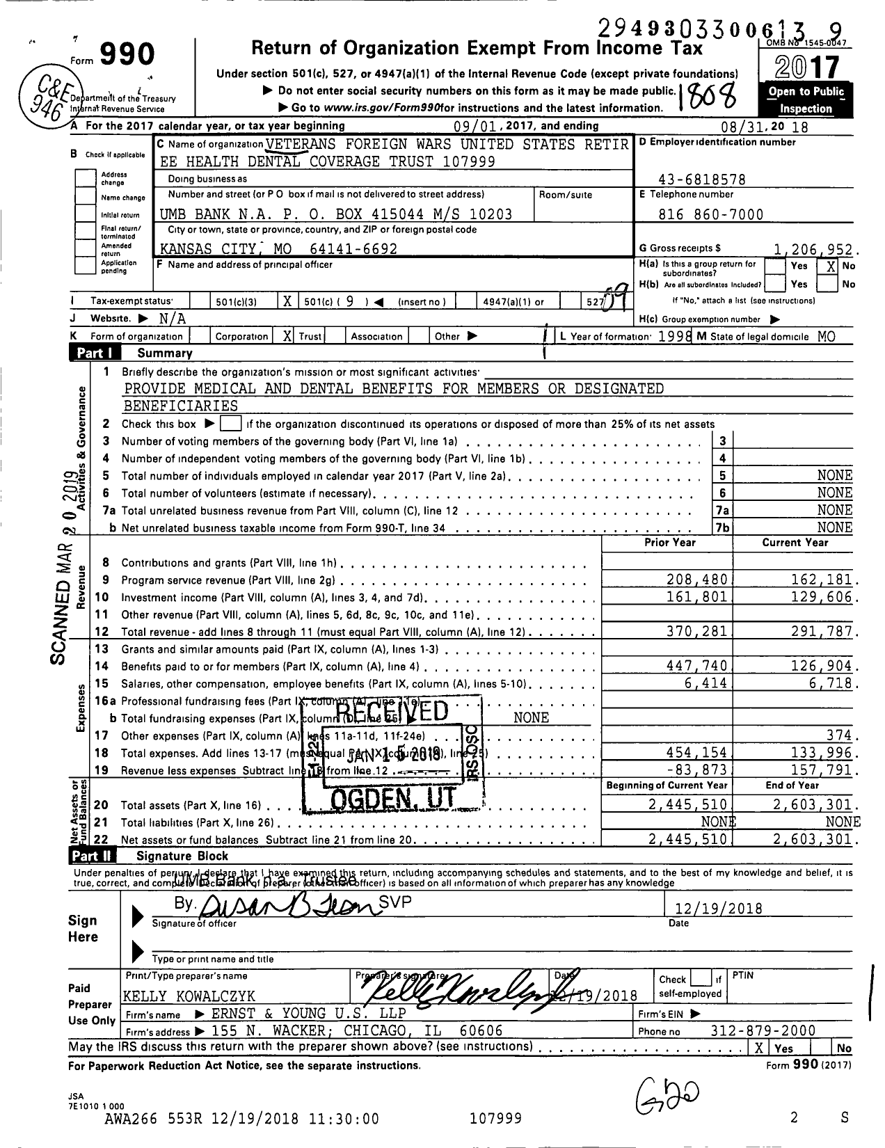 Image of first page of 2017 Form 990O for Veterans Foreign Wars United States