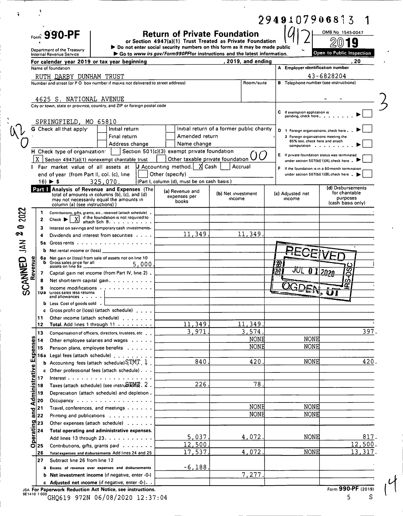 Image of first page of 2019 Form 990PF for Ruth Darby Dunham Trust 30515004370