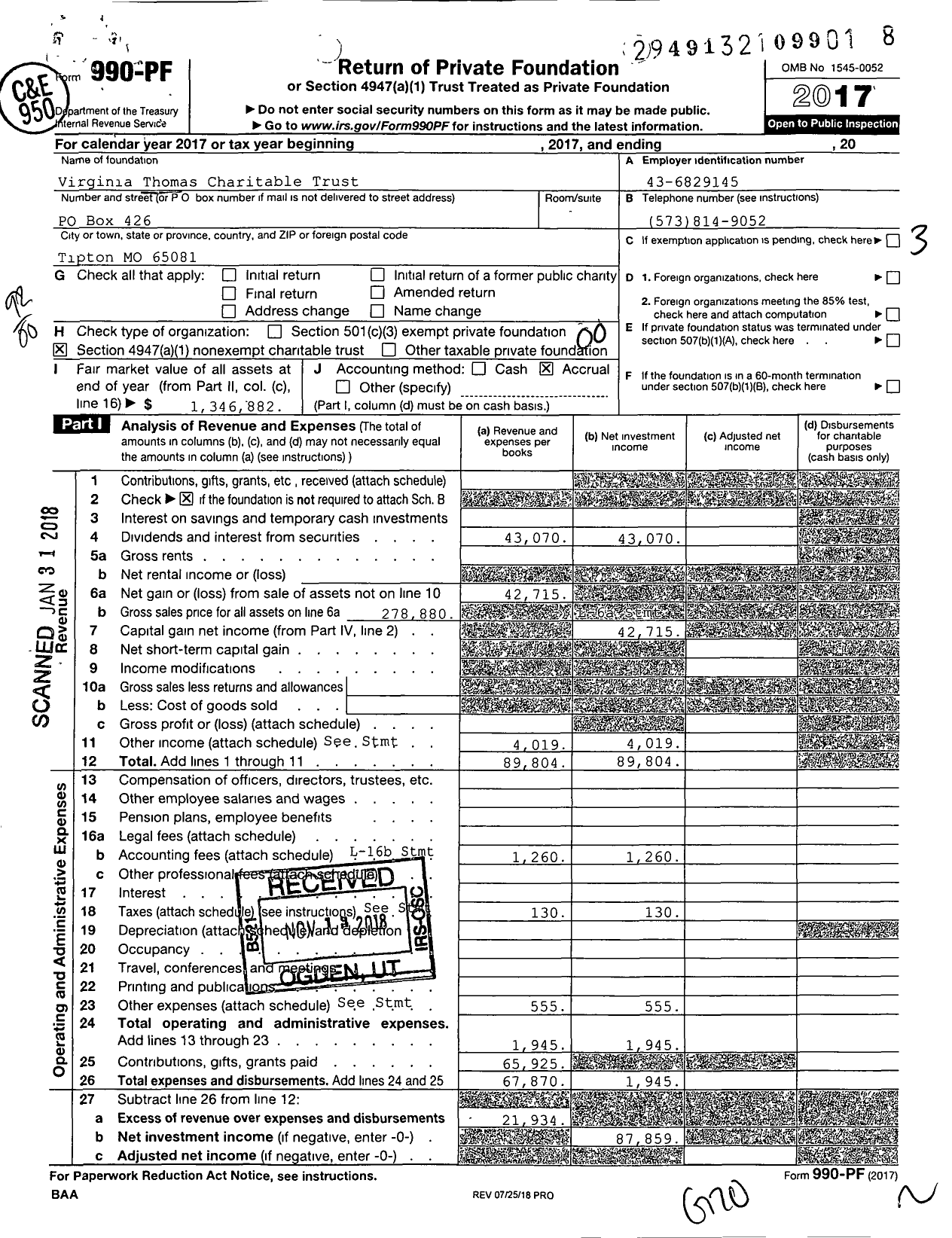 Image of first page of 2017 Form 990PF for Virginia Thomas Charitable Trust