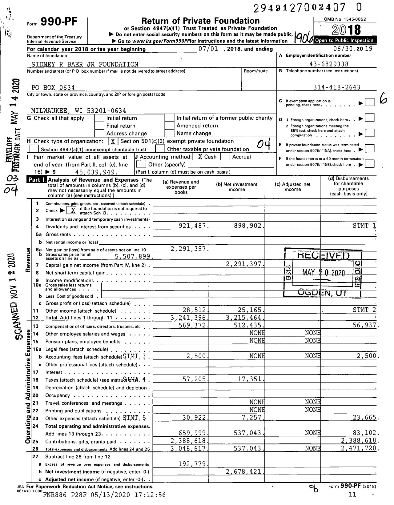 Image of first page of 2018 Form 990PF for Sidney R Baer JR Foundation