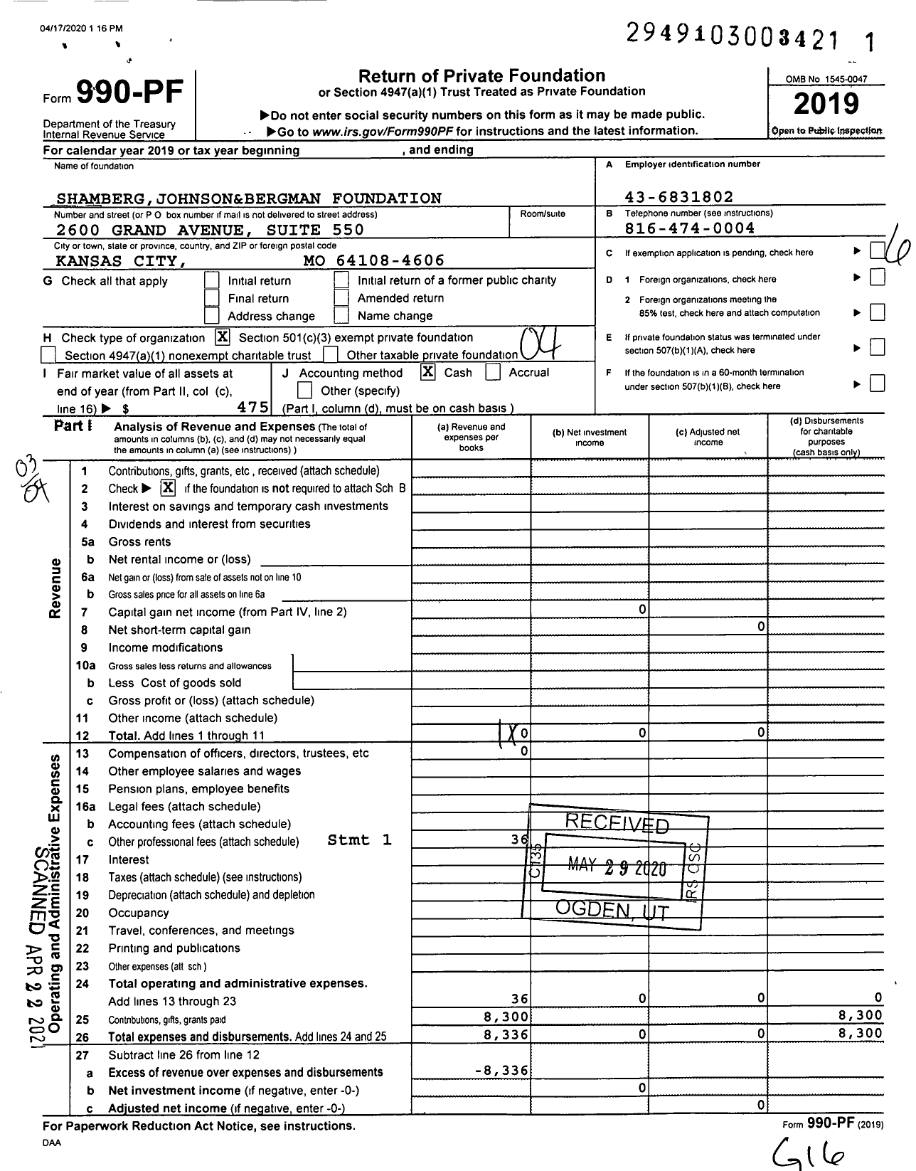 Image of first page of 2019 Form 990PF for Shambergjohnson&bergman Foundation