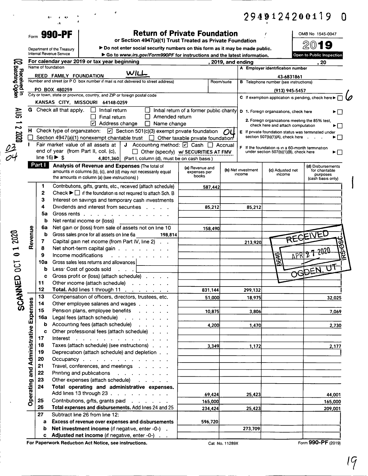 Image of first page of 2019 Form 990PR for William A Reed and Mary J Reed Charitable Family Foundation