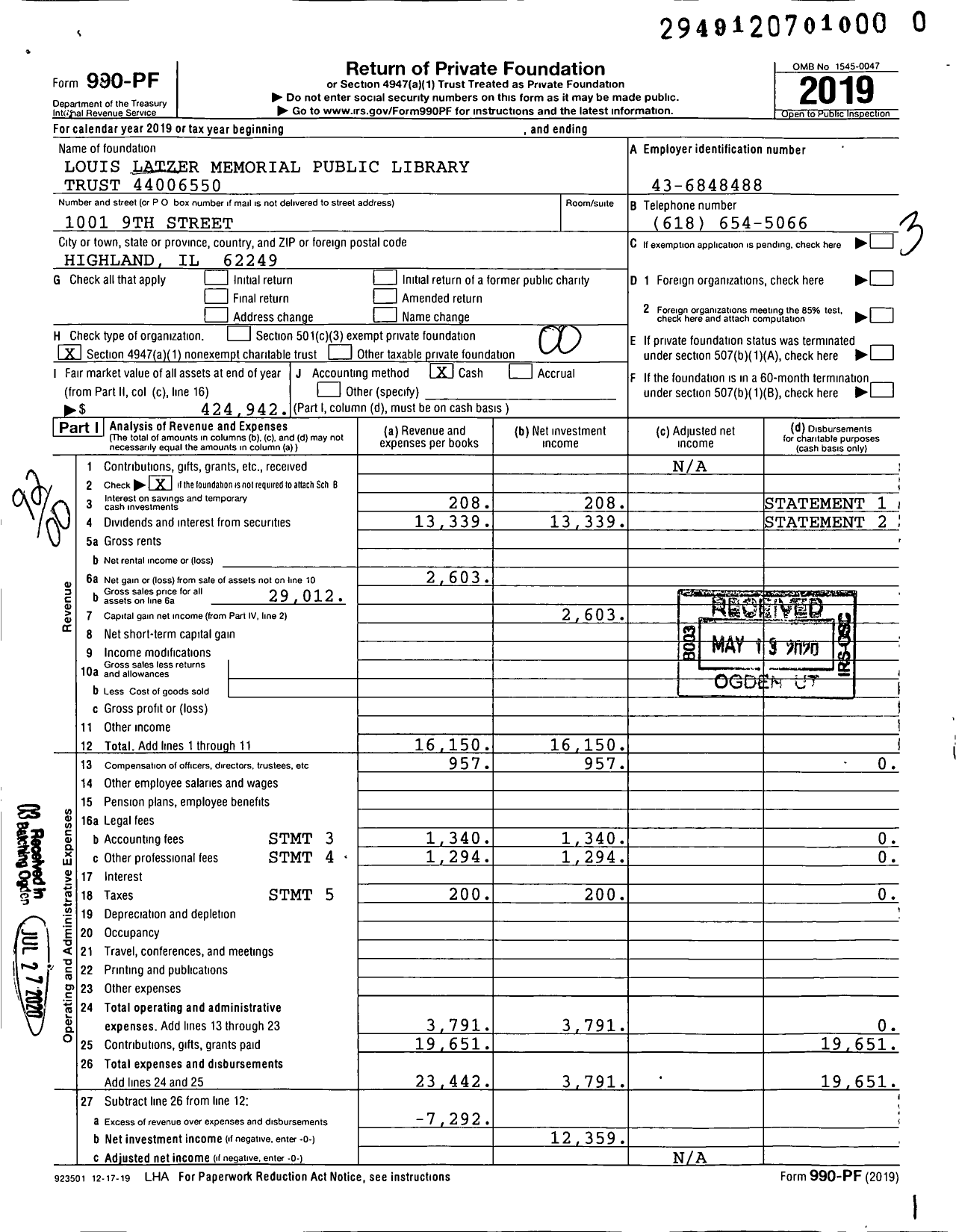 Image of first page of 2019 Form 990PR for Louis Latzer Memorial Public Library Trust 44006550