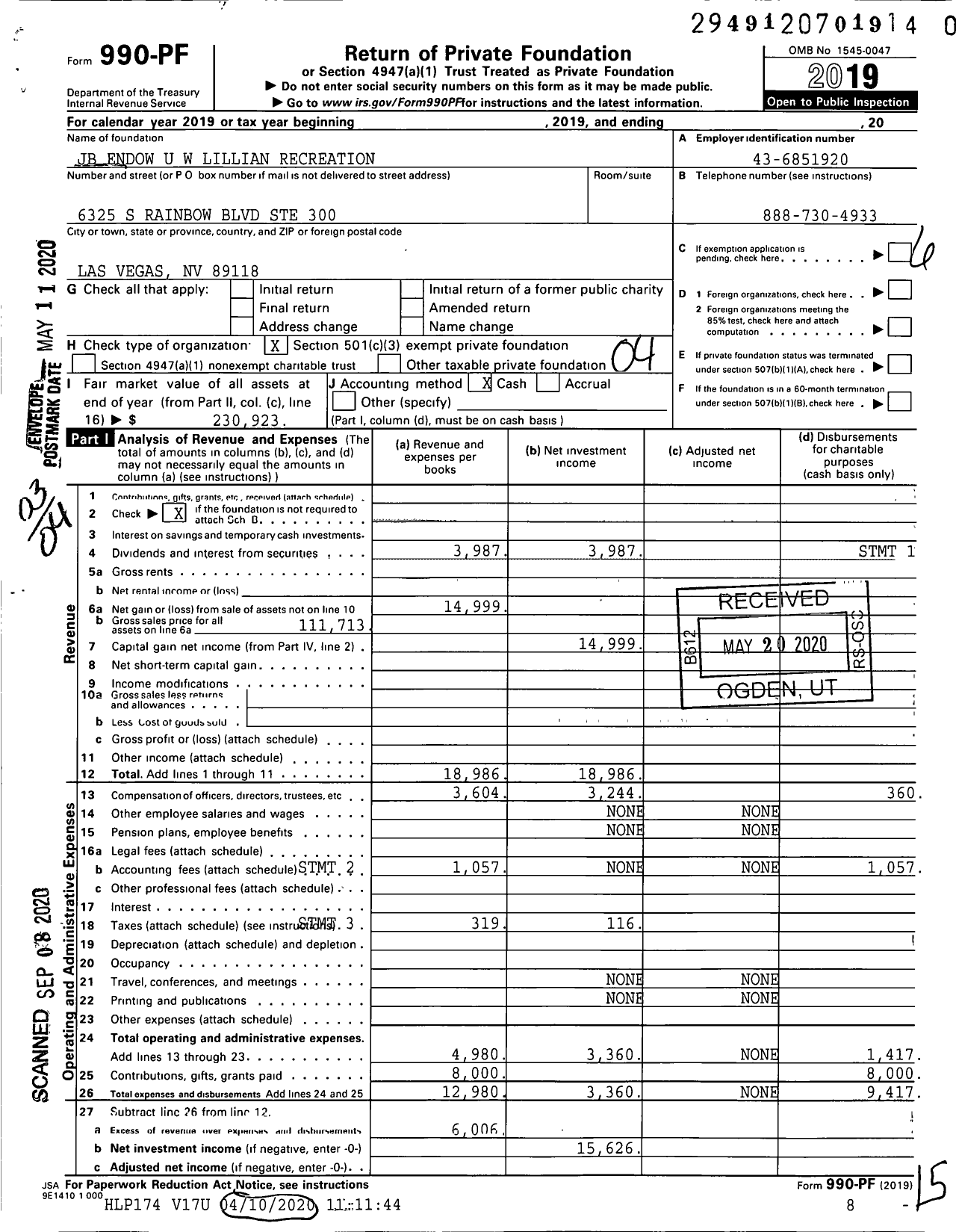 Image of first page of 2019 Form 990PR for JB Endow U W Lillian Recreation