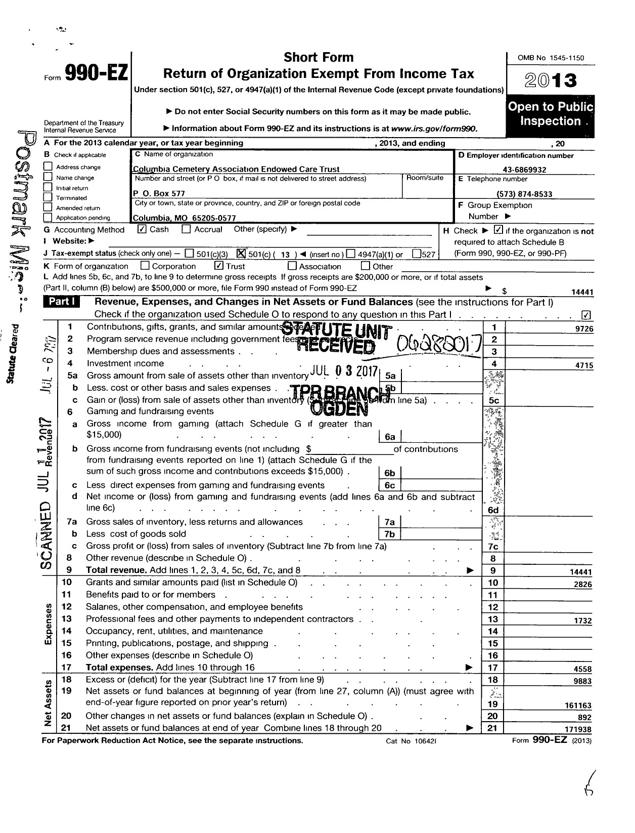 Image of first page of 2013 Form 990EO for Columbia Cemetary Association Endowed Care Trust