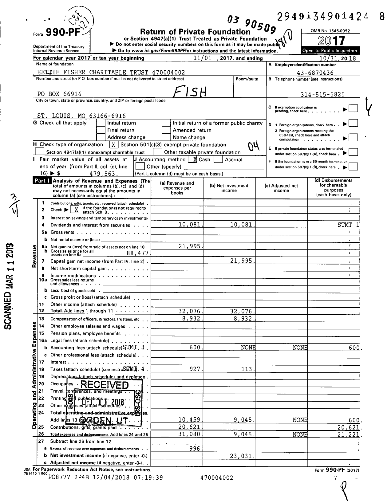 Image of first page of 2017 Form 990PF for Hettie Fisher Charitable Trust 470004002