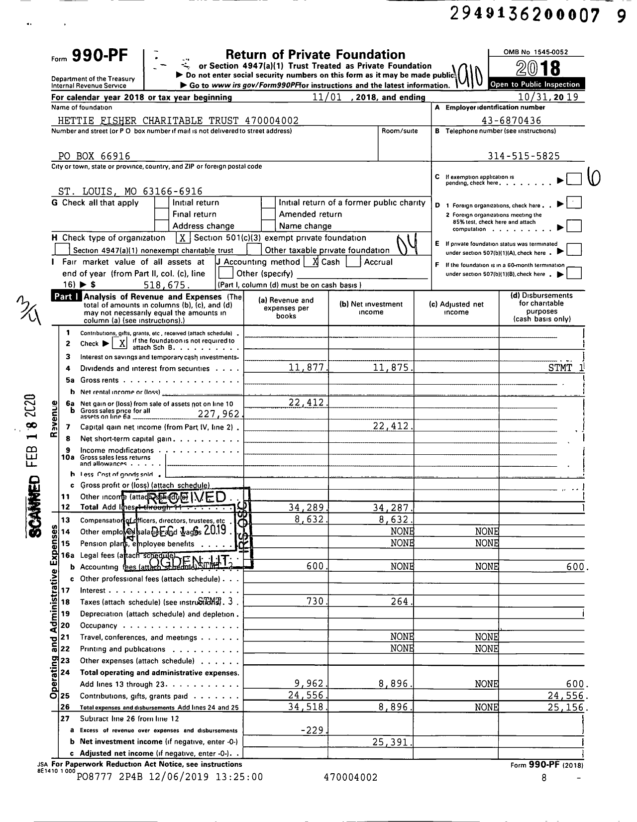 Image of first page of 2018 Form 990PF for Hettie Fisher Charitable Trust 470004002