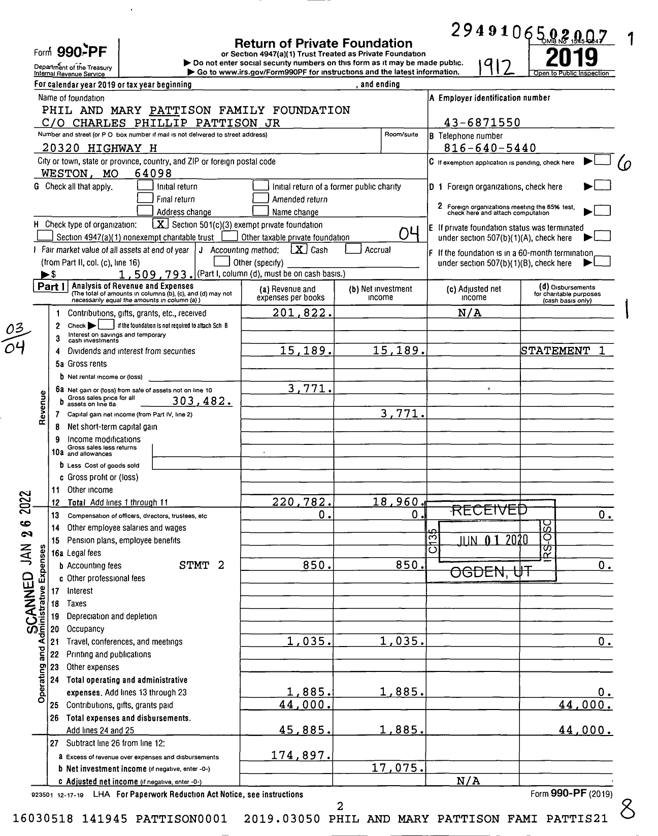 Image of first page of 2019 Form 990PF for Phil and Mary Pattison Family Foundation