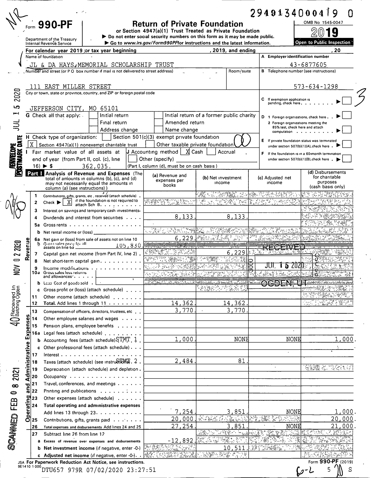 Image of first page of 2019 Form 990PF for JL and Da Hays Memorial Scholarship Trust