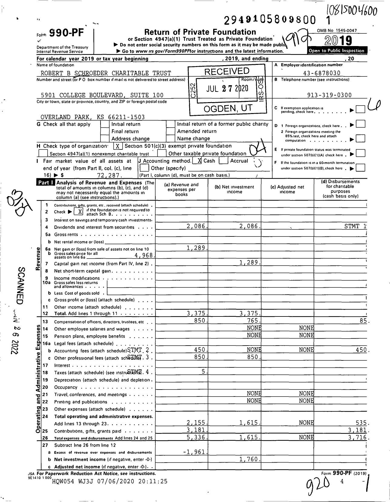 Image of first page of 2019 Form 990PF for Robert B Schroeder Charitable Cash