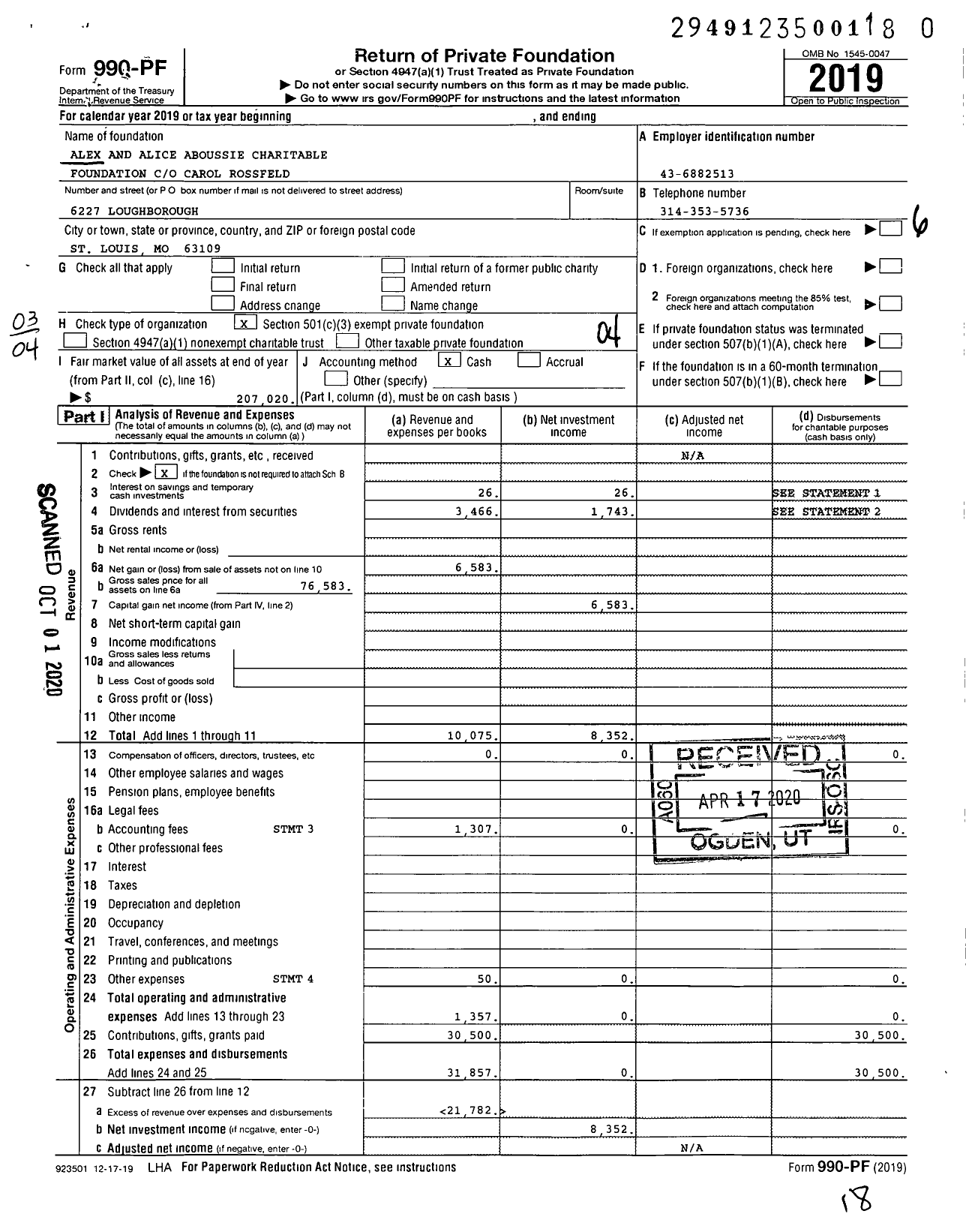 Image of first page of 2019 Form 990PR for Alex and Alice Aboussie Charitable Foundation