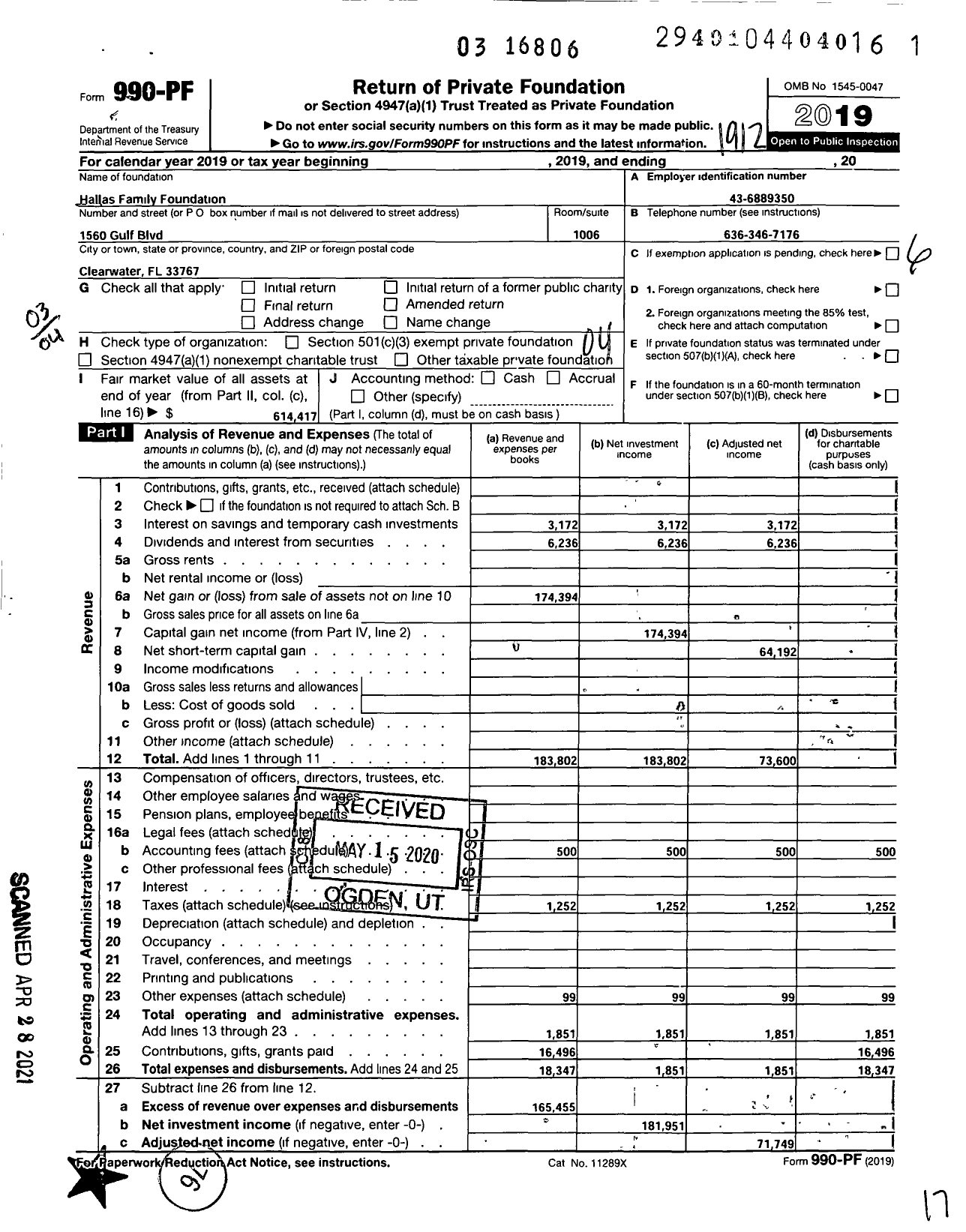 Image of first page of 2019 Form 990PF for Hallas Family Foundation / Hallas Laurence E Et Al Ttee