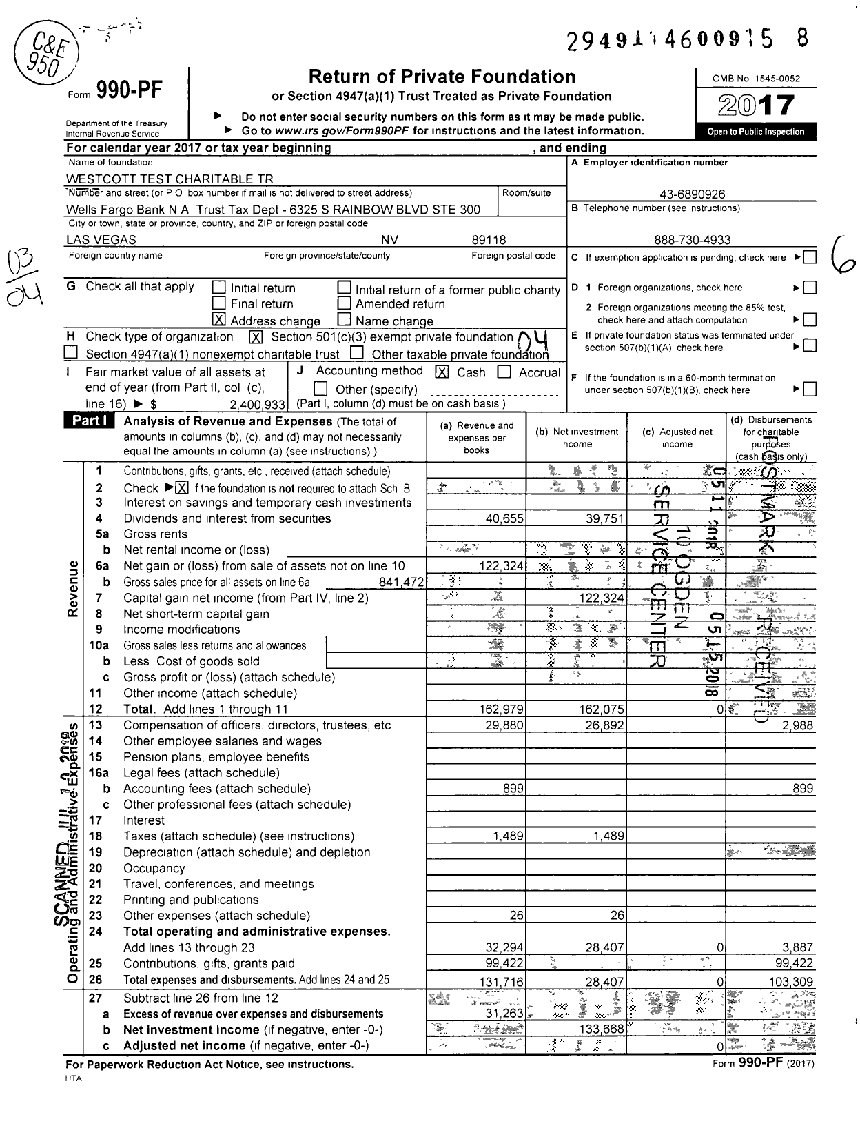 Image of first page of 2017 Form 990PF for Westcott Test Charitable Trust