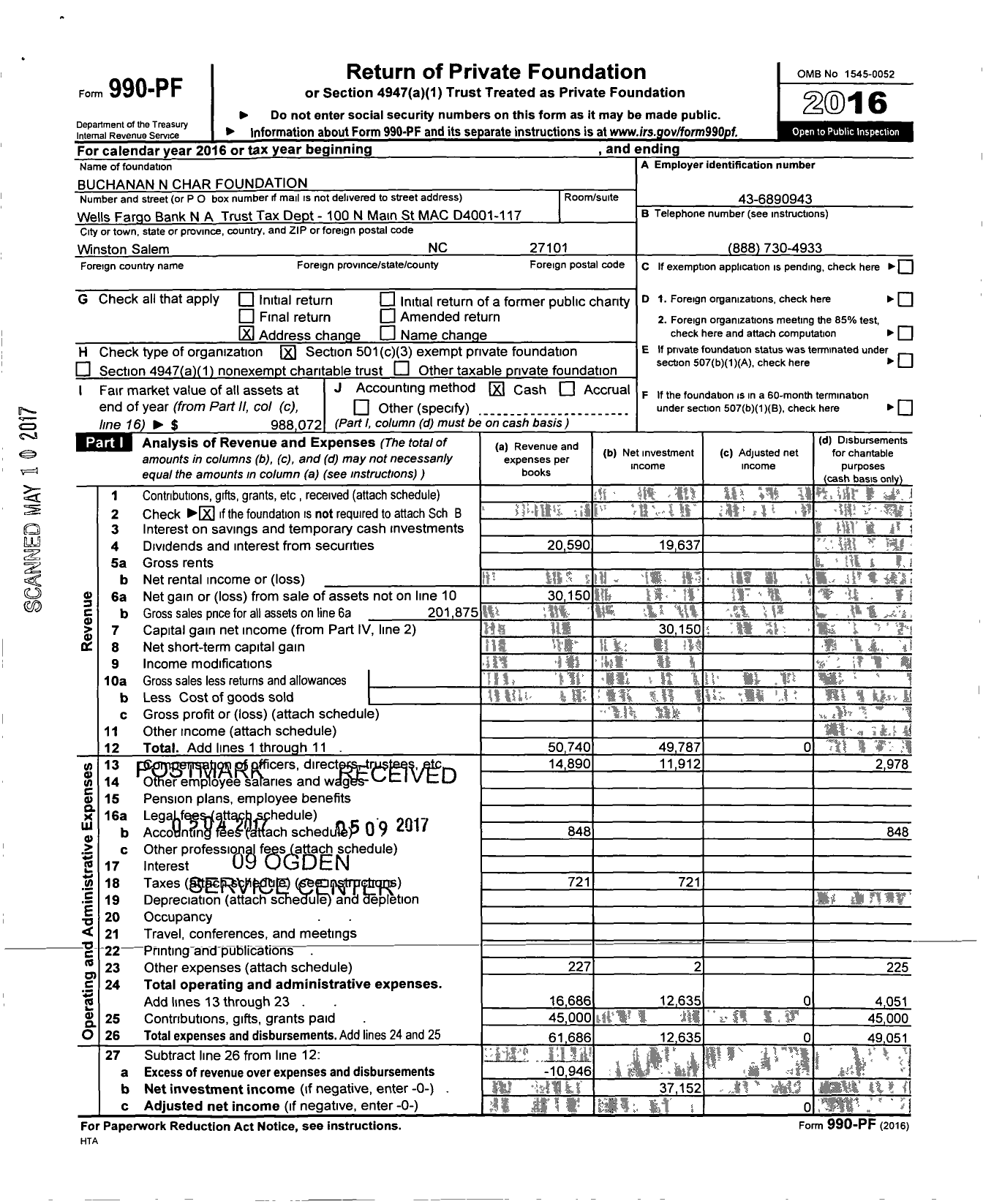 Image of first page of 2016 Form 990PF for Buchanan N Char Foundation
