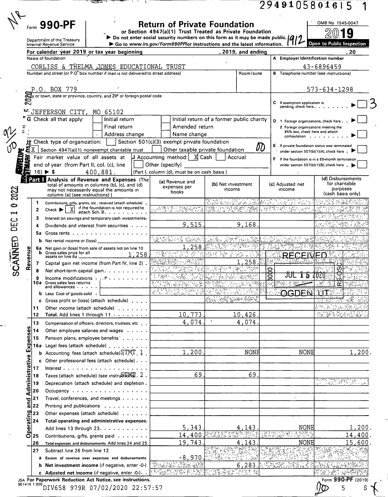 Image of first page of 2019 Form 990PF for Corliss and Thelma Jones Educational Trust