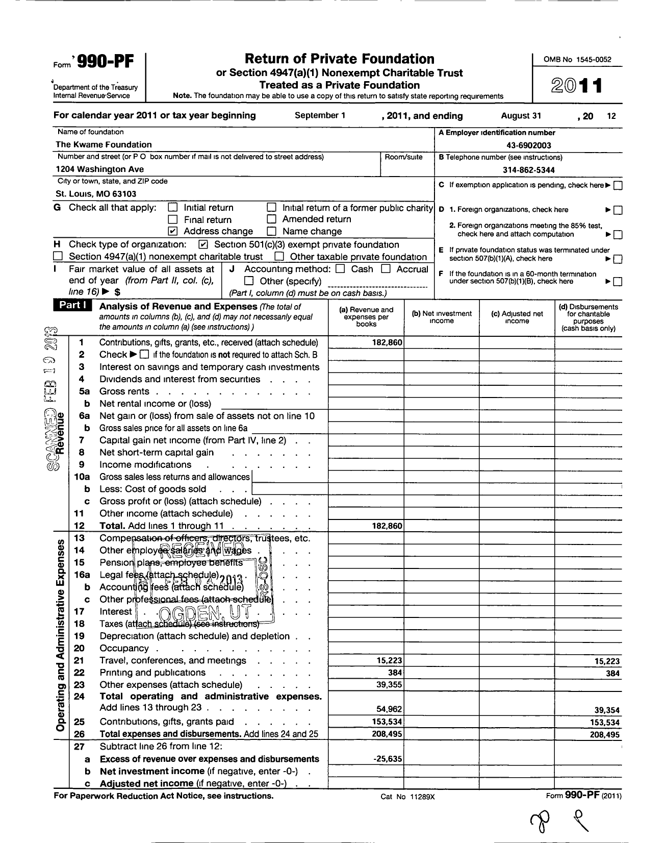 Image of first page of 2011 Form 990PF for Kwame Foundation