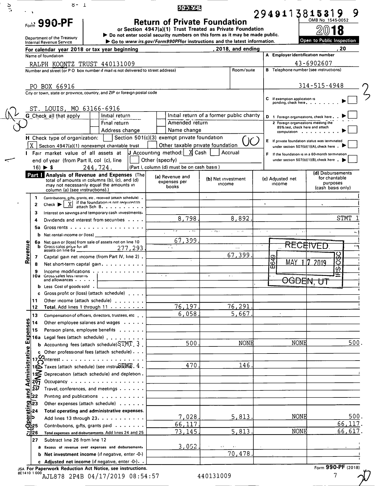 Image of first page of 2018 Form 990PF for Ralph Koontz Trust XXX-XX-XXXX