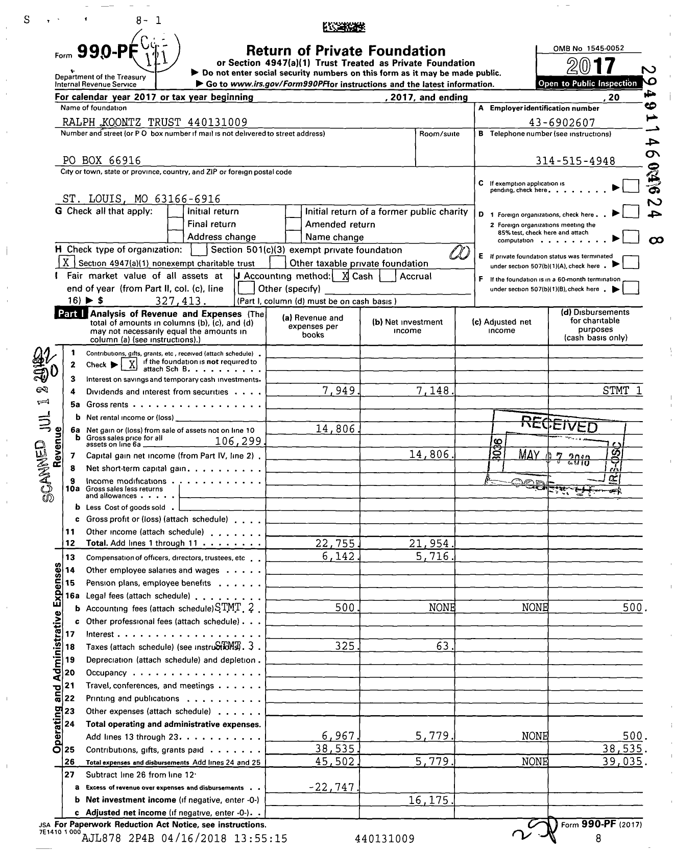 Image of first page of 2017 Form 990PF for Ralph Koontz Trust XXX-XX-XXXX