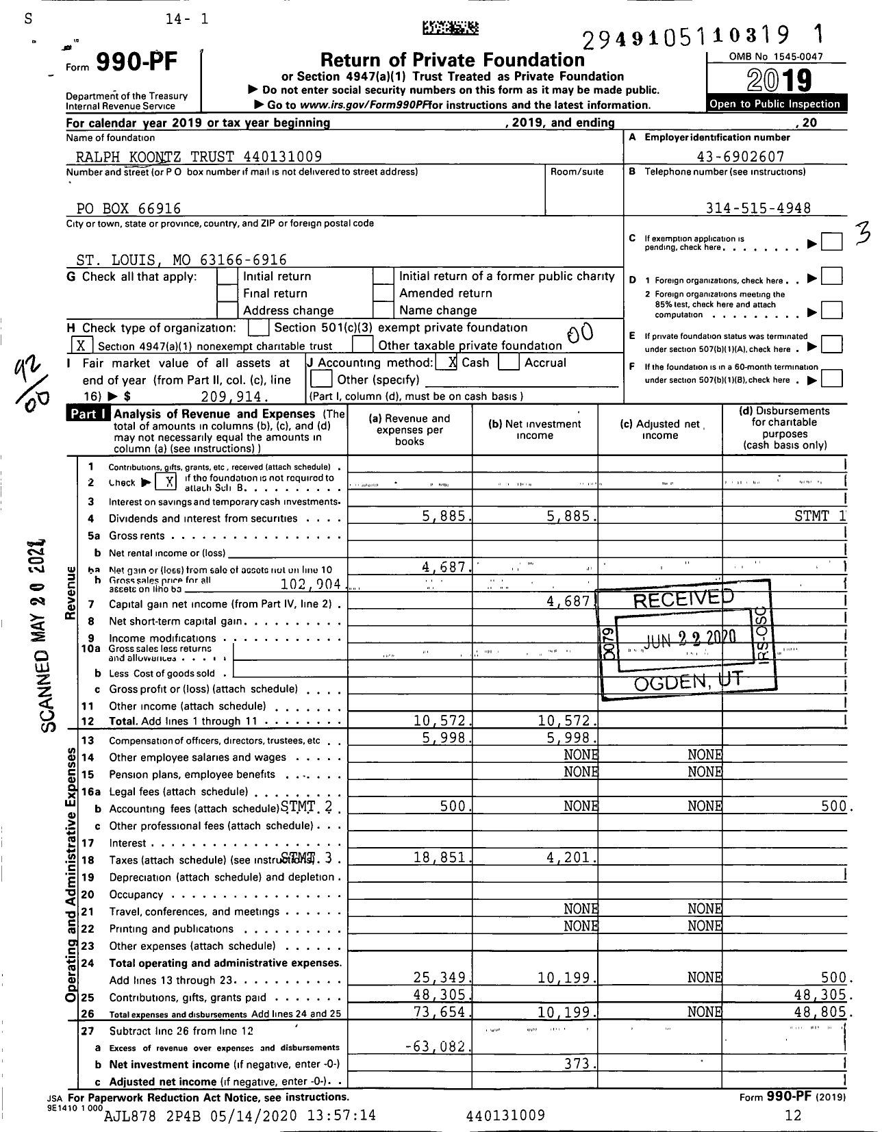 Image of first page of 2019 Form 990PF for Ralph Koontz Trust XXX-XX-XXXX