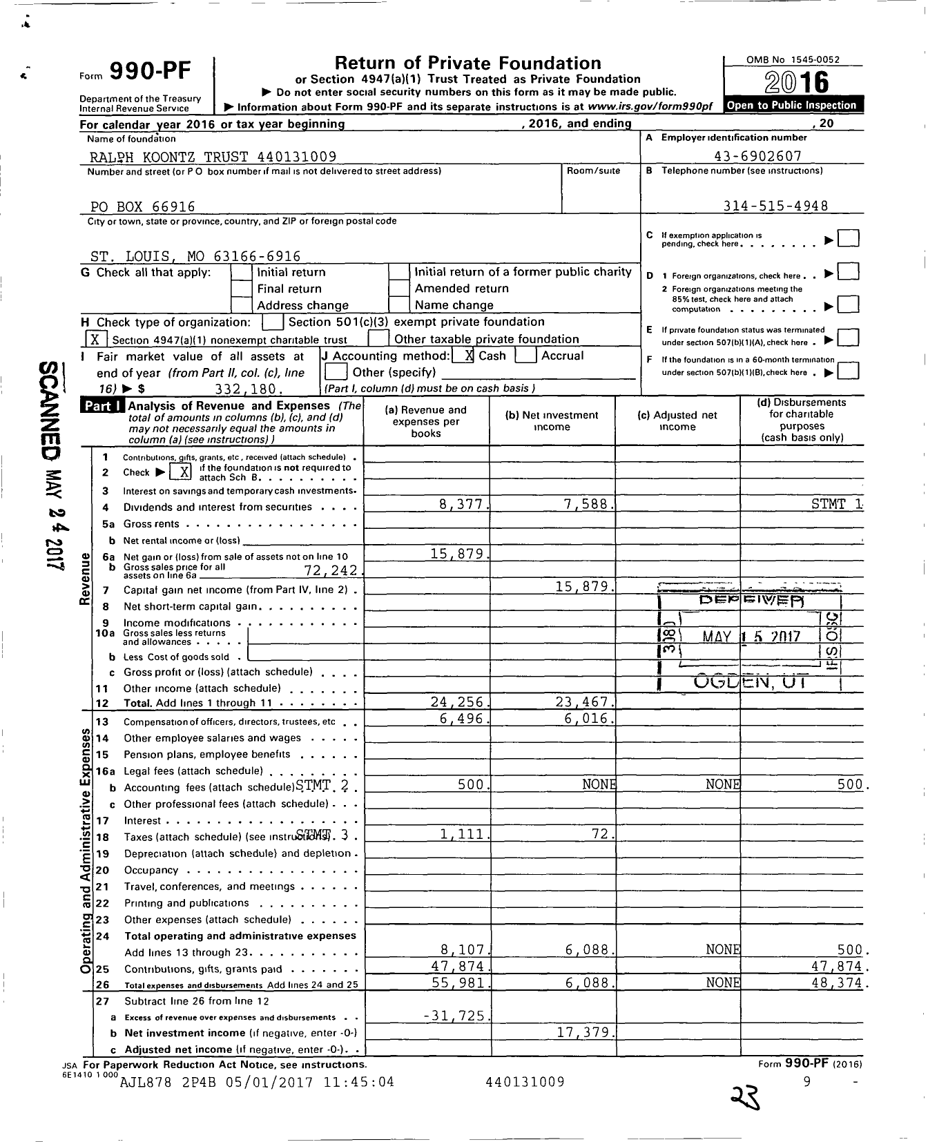 Image of first page of 2016 Form 990PF for Ralph Koontz Trust XXX-XX-XXXX