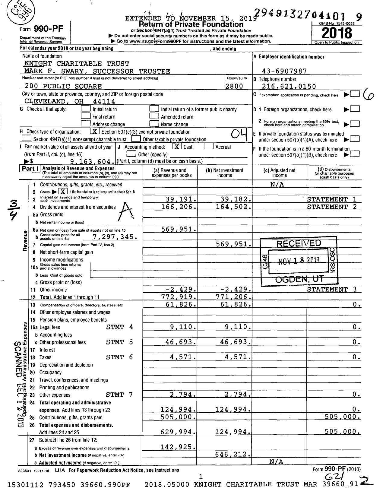 Image of first page of 2018 Form 990PF for Knight Charitable Trust