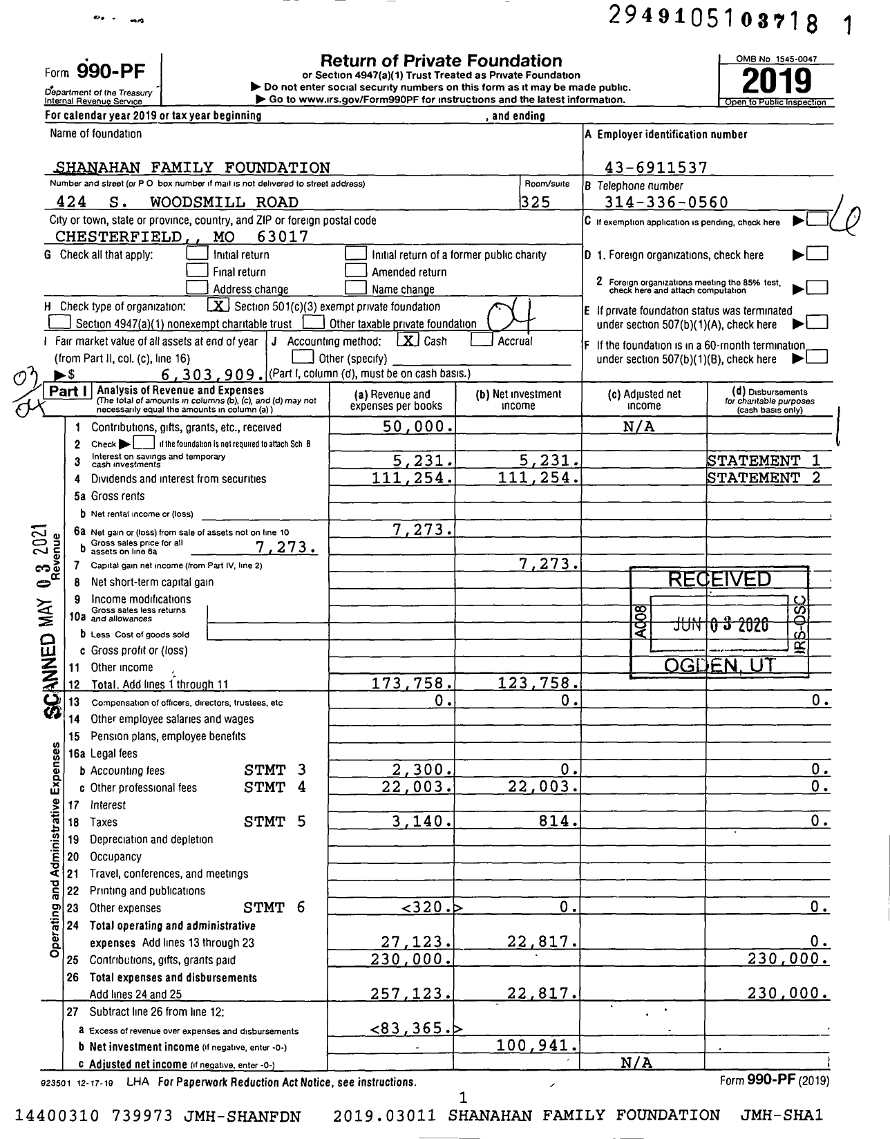 Image of first page of 2019 Form 990PF for Shanahan Family Foundation / Shanahan Michael F SR Et Al Ttee