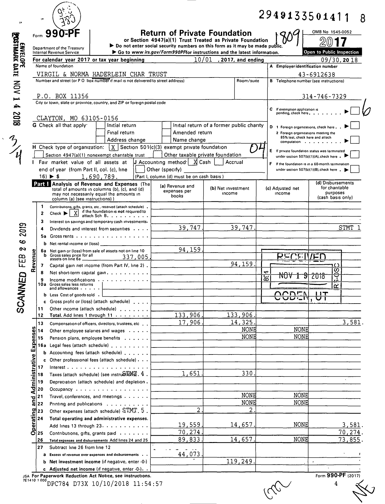 Image of first page of 2017 Form 990PF for Virgil and Norma Haderlein Char Trust