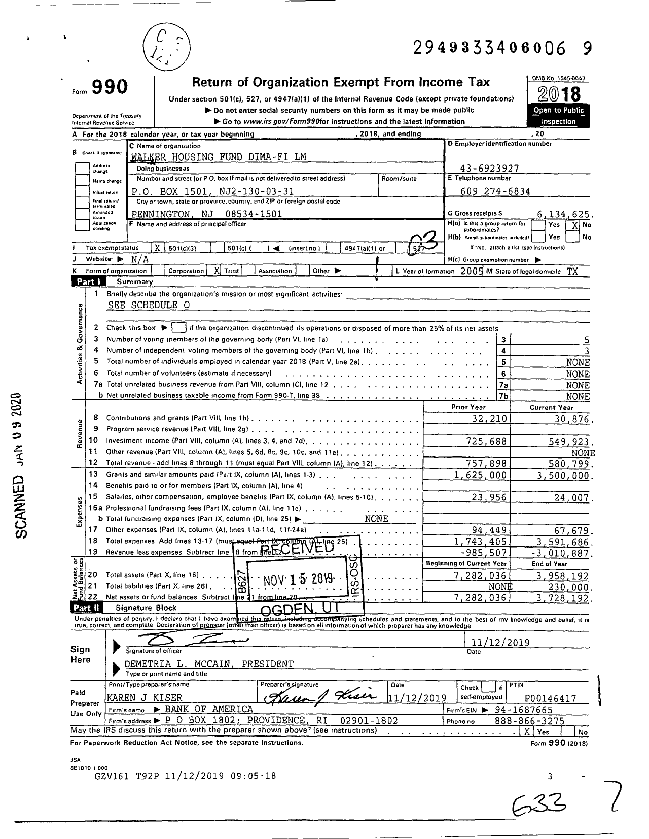 Image of first page of 2018 Form 990 for Walker Housing Fund Dima-Fi LM