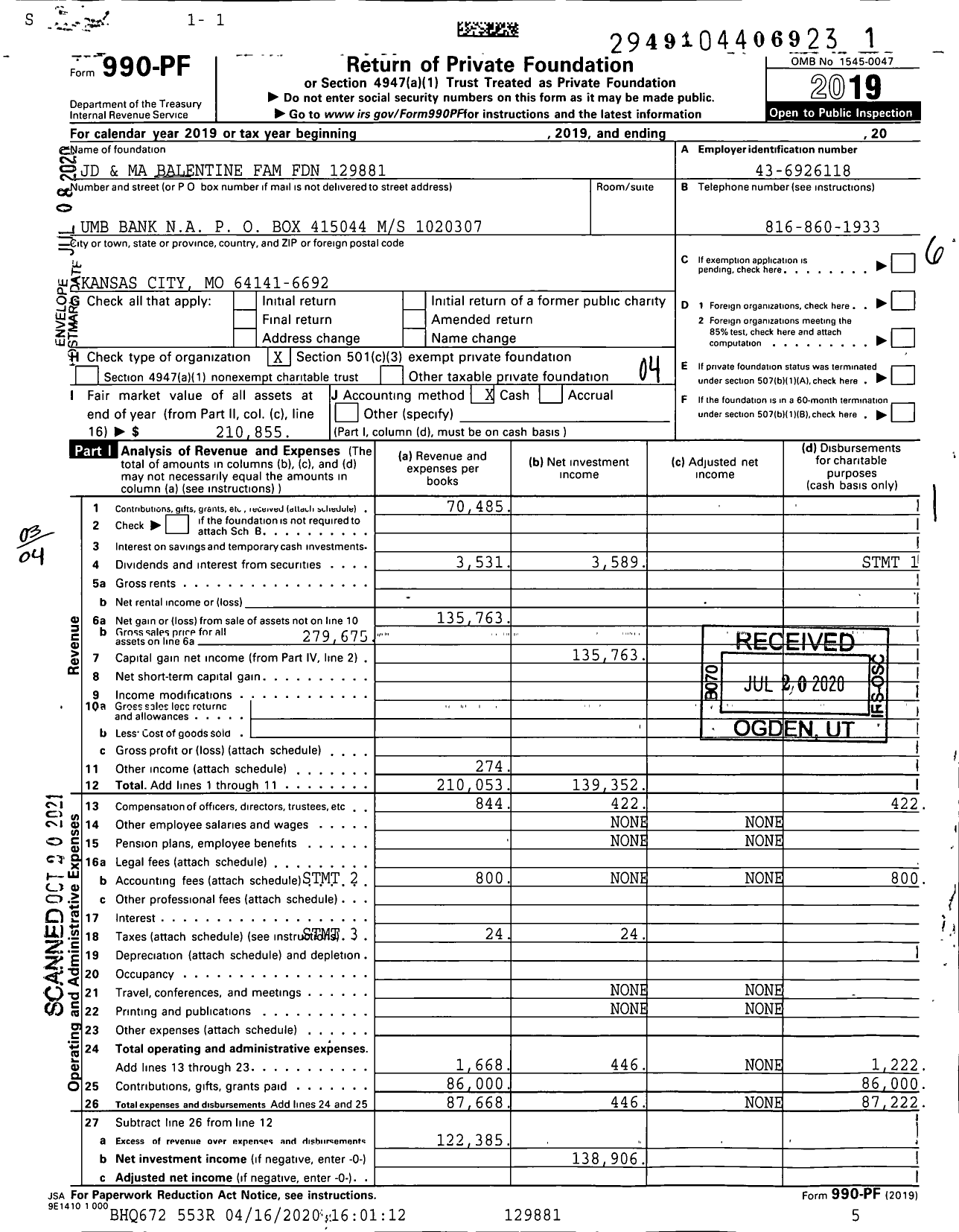 Image of first page of 2019 Form 990PF for JD and Ma Balentine Family Foundation 12988100