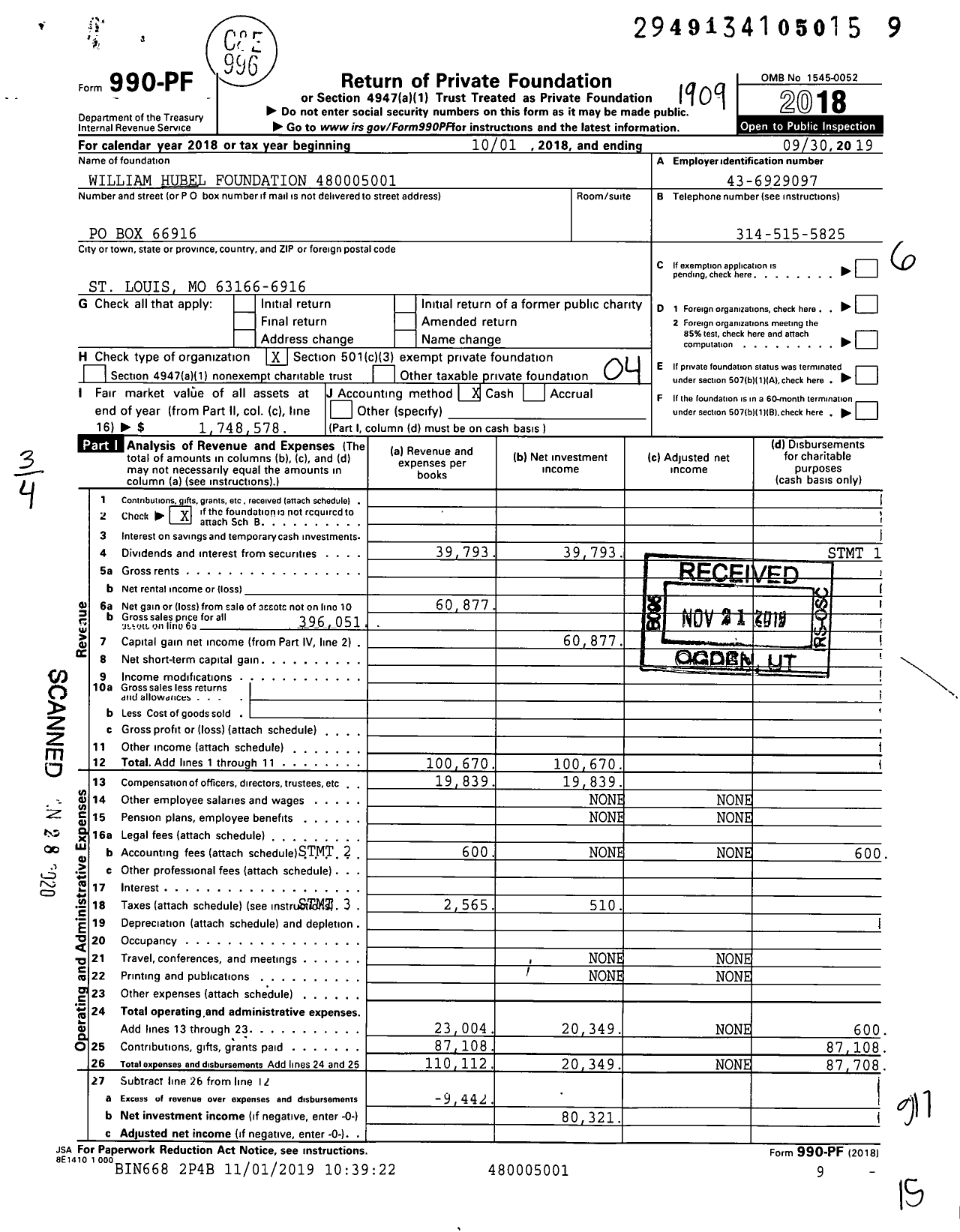 Image of first page of 2018 Form 990PF for William Hubel Foundation 480005001