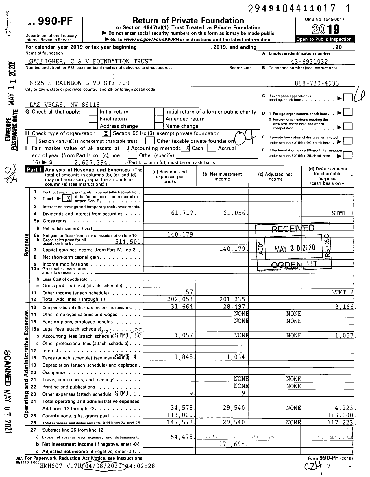 Image of first page of 2019 Form 990PF for Galligher C and V Foundation Trust