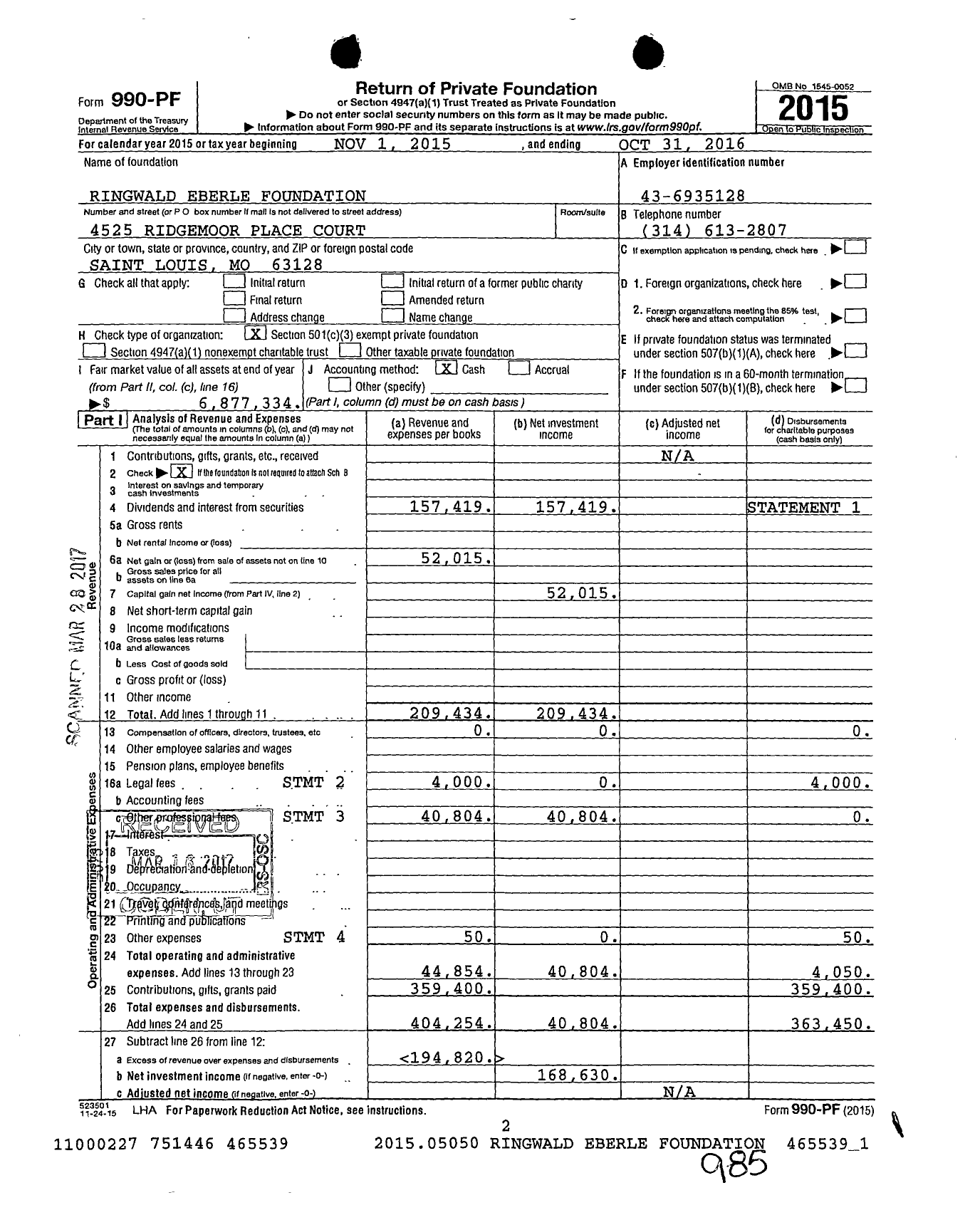 Image of first page of 2015 Form 990PF for Ringwald Eberle Foundation
