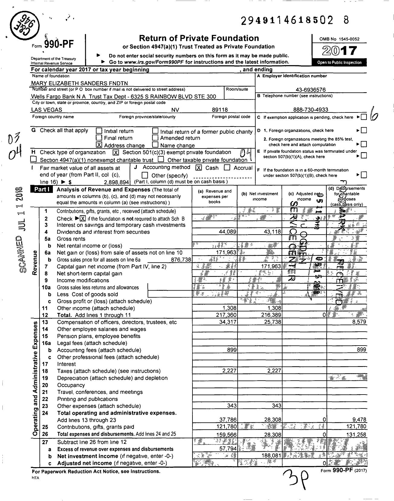 Image of first page of 2017 Form 990PF for Mary Elizabeth Sanders Fndtn