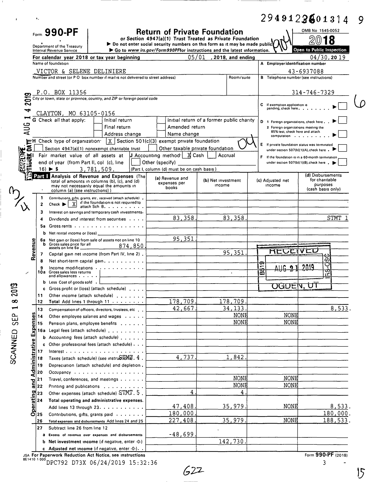 Image of first page of 2018 Form 990PF for Victor and Selene Deliniere Charitable