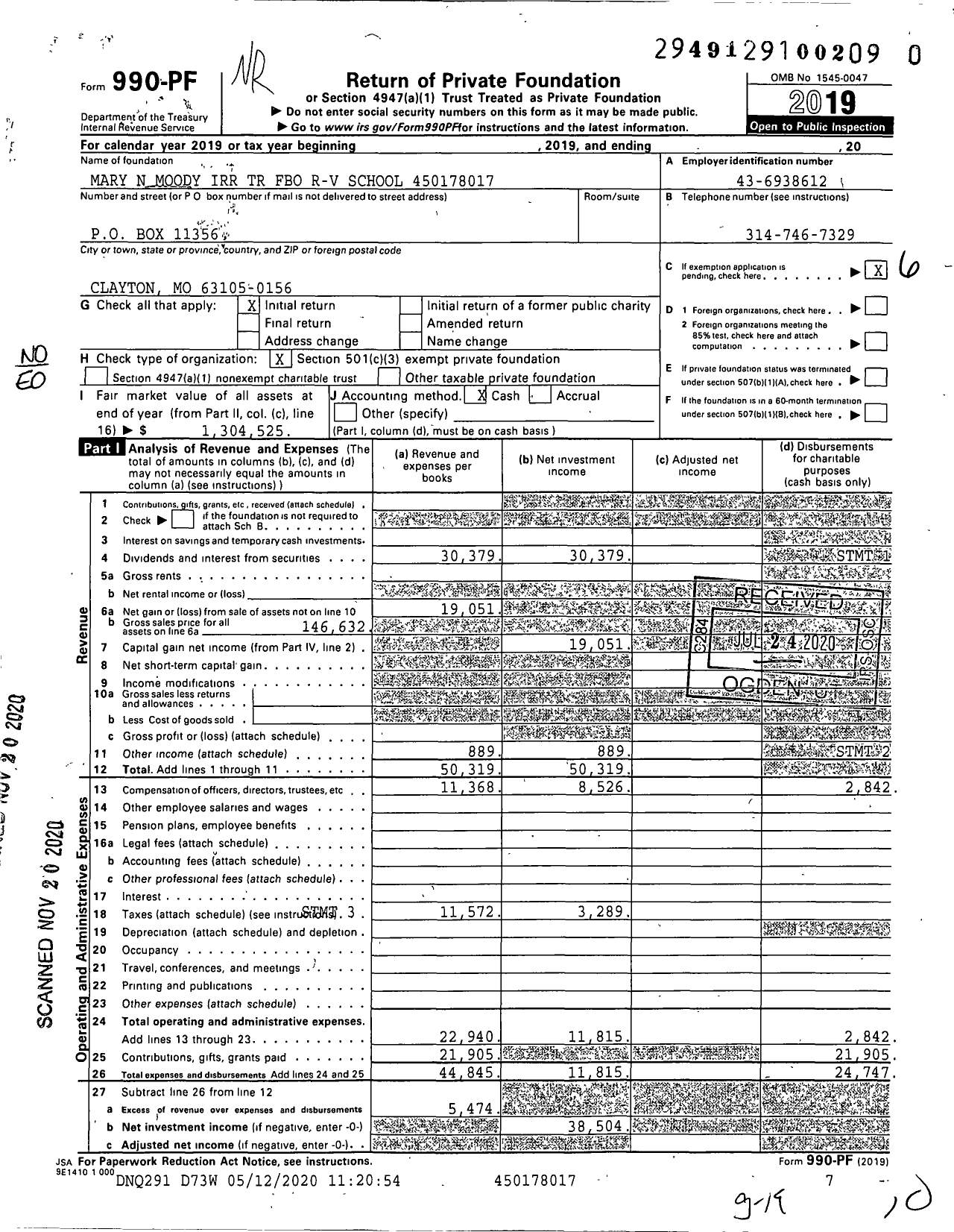 Image of first page of 2019 Form 990PF for Mary N Moody Irr TR Fbo R-V School