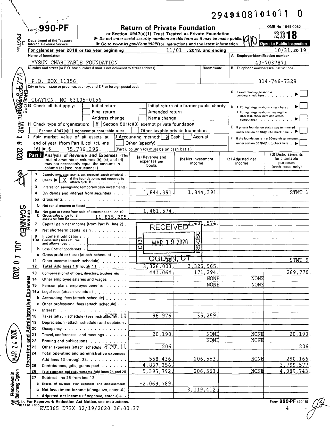 Image of first page of 2018 Form 990PR for Mysun Charitable Foundation