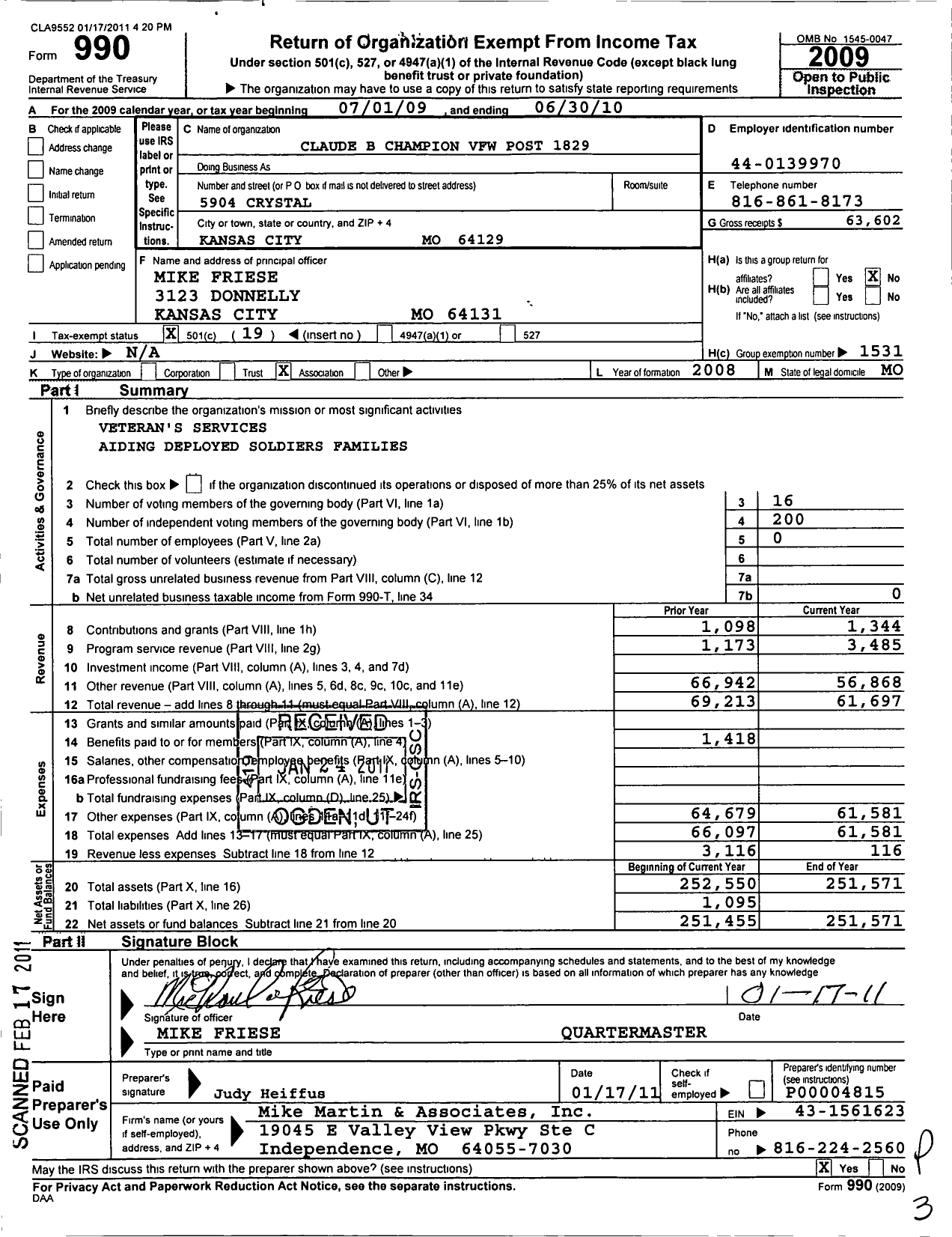 Image of first page of 2009 Form 990O for VFW Auxiliary Department of Missouri - 1829 VFW Auxiliary Claude B Champion Post