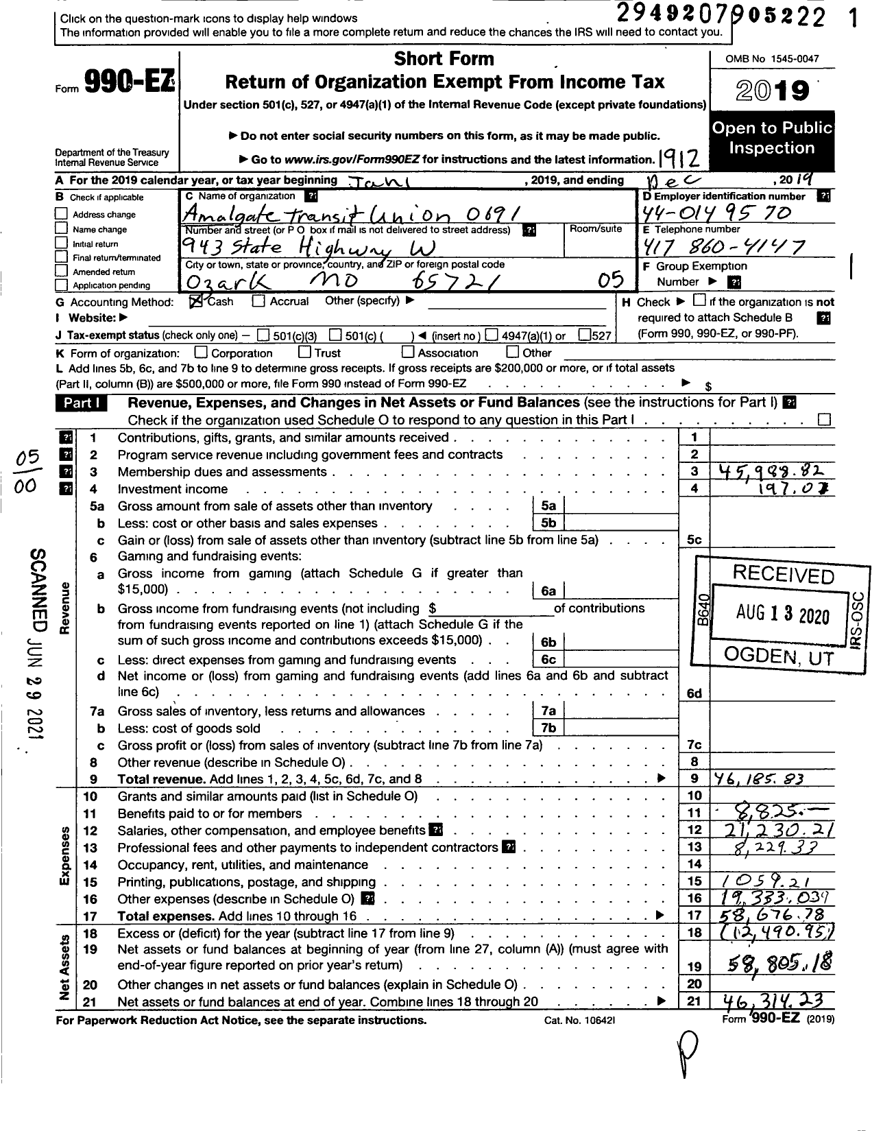 Image of first page of 2019 Form 990EO for Amalgamated Transit Union - 691 Local