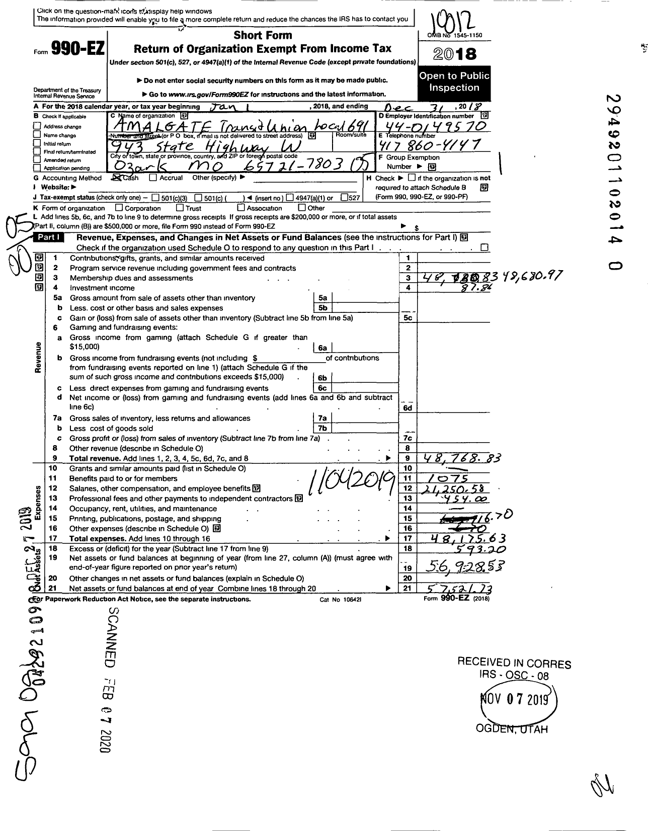 Image of first page of 2018 Form 990EO for Amalgamated Transit Union - 691 Local