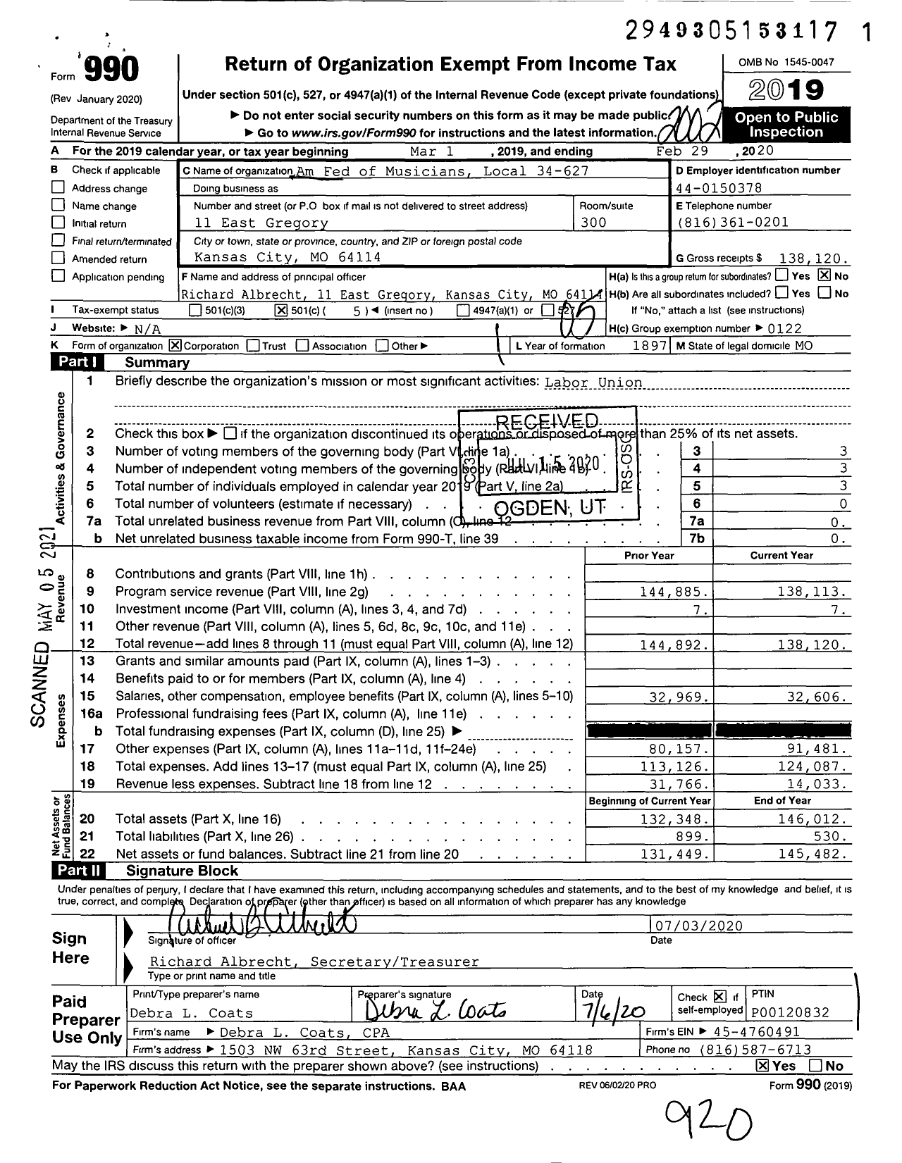 Image of first page of 2019 Form 990O for American Federation of Musicians - 34-627 Local Kansas City