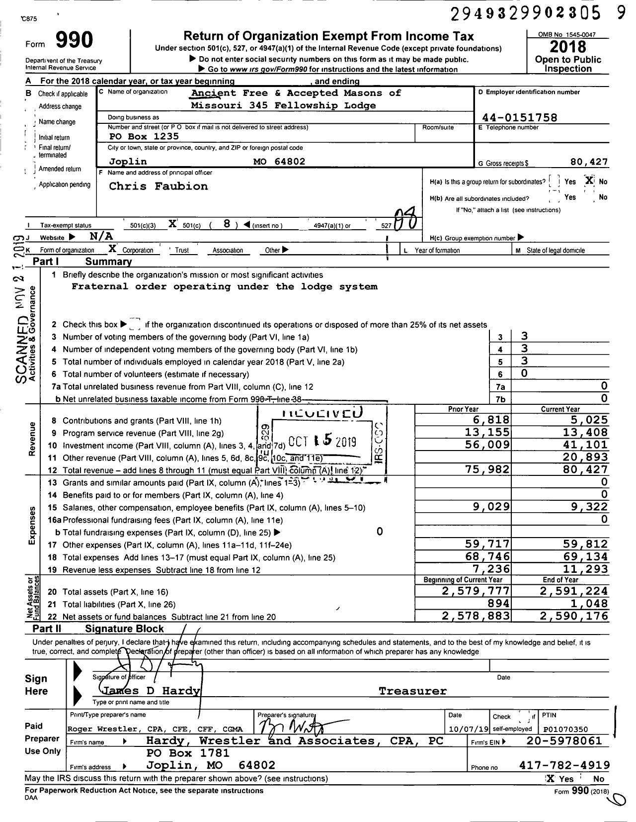 Image of first page of 2018 Form 990O for Ancient Free and Accepted Masons of Missouri - 345 Fellowship Lodge