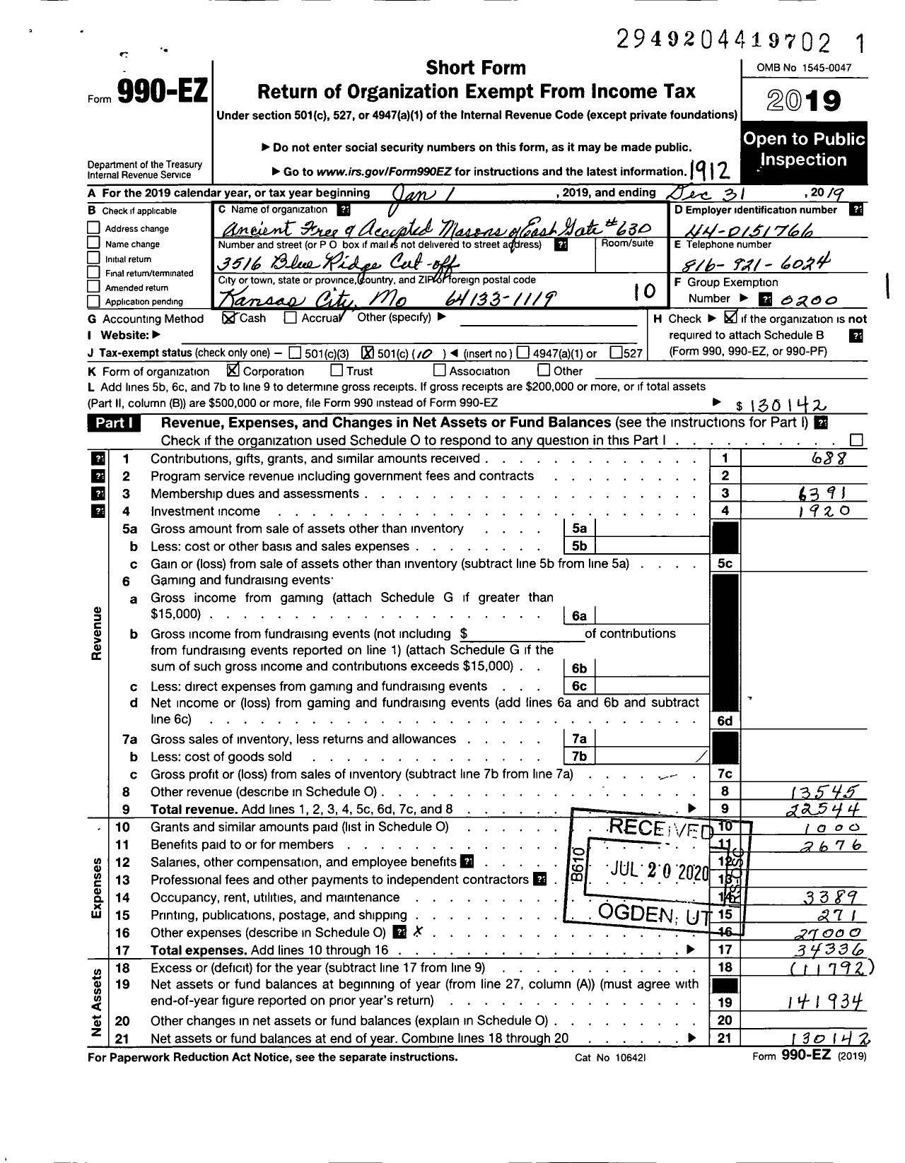 Image of first page of 2019 Form 990EO for Ancient Free and Accepted Masons of Missouri - 630 East Gate