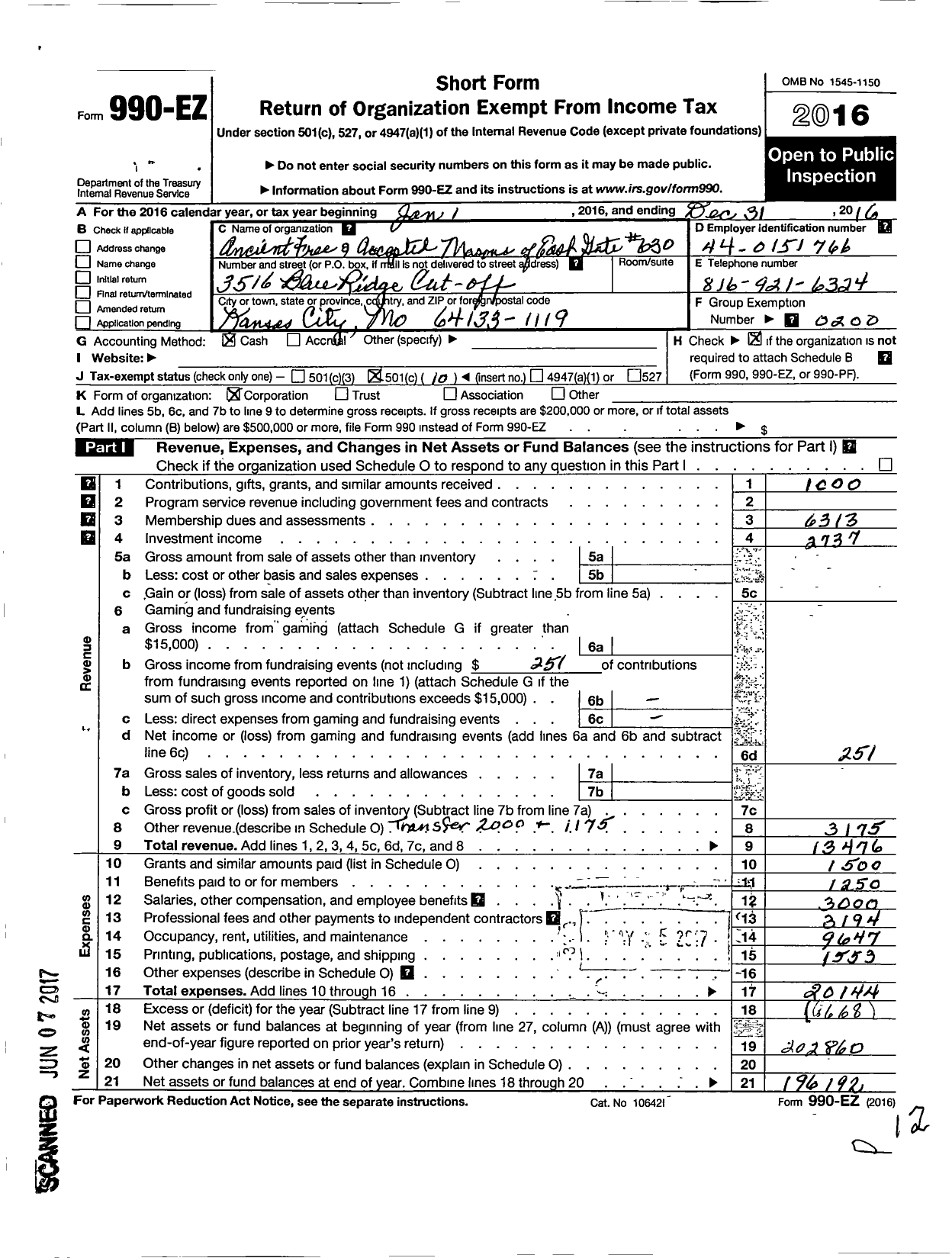 Image of first page of 2016 Form 990EO for Ancient Free and Accepted Masons of Missouri - 630 East Gate